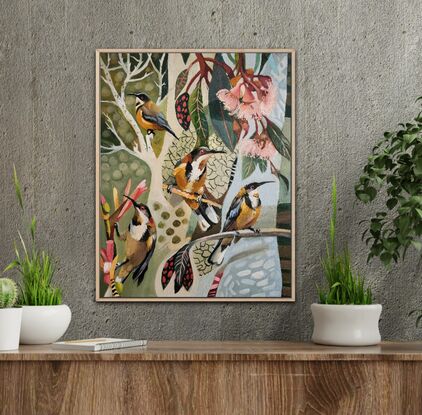 Perching Eastern Spinebill among pink gum blossom on an abstract background.