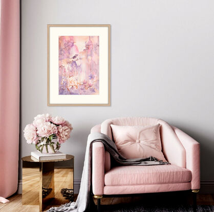 Abstract fantasy painting in hues of peach and pink with birds and flowers