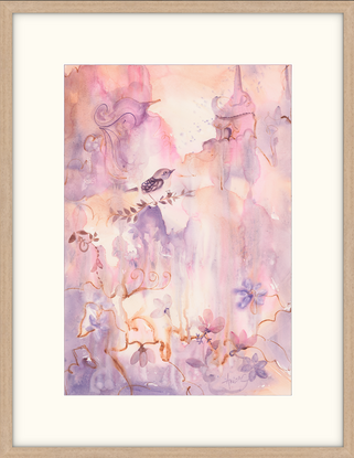 Abstract fantasy painting in hues of peach and pink with birds and flowers