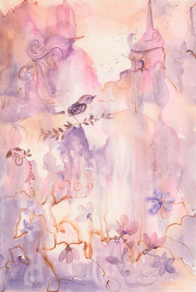 Abstract fantasy painting in hues of peach and pink with birds and flowers