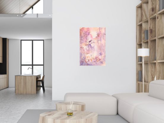 Abstract fantasy painting in hues of peach and pink with birds and flowers