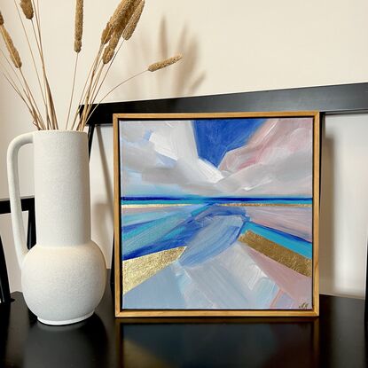 Acrylic painting sun set abstract blues pinks gold clouds sea 