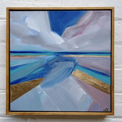 Acrylic painting sun set abstract blues pinks gold clouds sea 