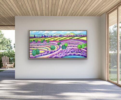 A lavender fields landscape painting in  gelato colours.