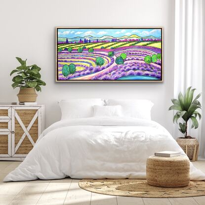 A lavender fields landscape painting in  gelato colours.