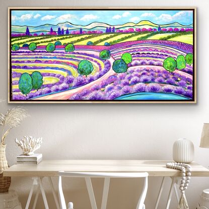 A lavender fields landscape painting in  gelato colours.