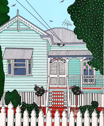 A colourful and vibrant depiction of the iconic Aussie low set Queenslander home. With coloured pink and green feature glass in the windows, a verandah to catch the breeze, a white picket fence and a tidy garden with pink and white speckles of flowers, this home radiates cool summer vibes. This artwork would make a beautiful addition to any home or office.