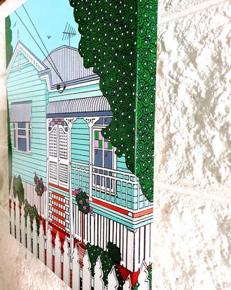 A colourful and vibrant depiction of the iconic Aussie low set Queenslander home. With coloured pink and green feature glass in the windows, a verandah to catch the breeze, a white picket fence and a tidy garden with pink and white speckles of flowers, this home radiates cool summer vibes. This artwork would make a beautiful addition to any home or office.