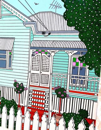 A colourful and vibrant depiction of the iconic Aussie low set Queenslander home. With coloured pink and green feature glass in the windows, a verandah to catch the breeze, a white picket fence and a tidy garden with pink and white speckles of flowers, this home radiates cool summer vibes. This artwork would make a beautiful addition to any home or office.