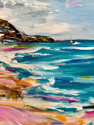 Below, the deep blue sea is rendered with rich, undulating hues, capturing the essence of movement and depth. The beach in the foreground is a riot of color, where pinks, yellows, and blues merge in an energetic, messy fashion. The colors blend into one another with loose, spontaneous strokes, creating a sense of vibrant, carefree energy. The acrylic paint adds texture and depth, with some areas thickly applied and others more translucent, enhancing the abstract and tactile quality of the scene.