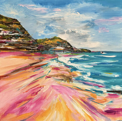 Below, the deep blue sea is rendered with rich, undulating hues, capturing the essence of movement and depth. The beach in the foreground is a riot of color, where pinks, yellows, and blues merge in an energetic, messy fashion. The colors blend into one another with loose, spontaneous strokes, creating a sense of vibrant, carefree energy. The acrylic paint adds texture and depth, with some areas thickly applied and others more translucent, enhancing the abstract and tactile quality of the scene.