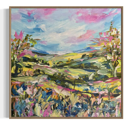 The abstract acrylic painting features a vibrant, chaotic landscape. Rolling hills undulate in bold, overlapping strokes of green, blue, and ochre, creating a sense of movement. In the distance, gum trees are suggested through erratic, vertical dashes of gray and green, their forms blending into the horizon. In the foreground, wildflowers burst forth in a riot of colors—pinks, purples, and yellows—applied with thick, textured brushstrokes. The painting's overall effect is dynamic and energetic, with the colors and shapes swirling together to evoke a lively, untamed natural scene.