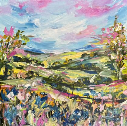 The abstract acrylic painting features a vibrant, chaotic landscape. Rolling hills undulate in bold, overlapping strokes of green, blue, and ochre, creating a sense of movement. In the distance, gum trees are suggested through erratic, vertical dashes of gray and green, their forms blending into the horizon. In the foreground, wildflowers burst forth in a riot of colors—pinks, purples, and yellows—applied with thick, textured brushstrokes. The painting's overall effect is dynamic and energetic, with the colors and shapes swirling together to evoke a lively, untamed natural scene.