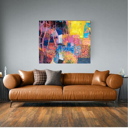 This vibrant artwork showcases an abstract, colorful landscape filled with vibrant hues and dynamic patterns. 