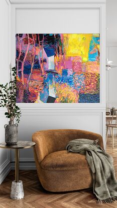 This vibrant artwork showcases an abstract, colorful landscape filled with vibrant hues and dynamic patterns. 