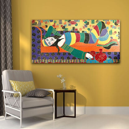 Young woman portrait
Klimt style 
Colourful stretched canvas
Boho background 