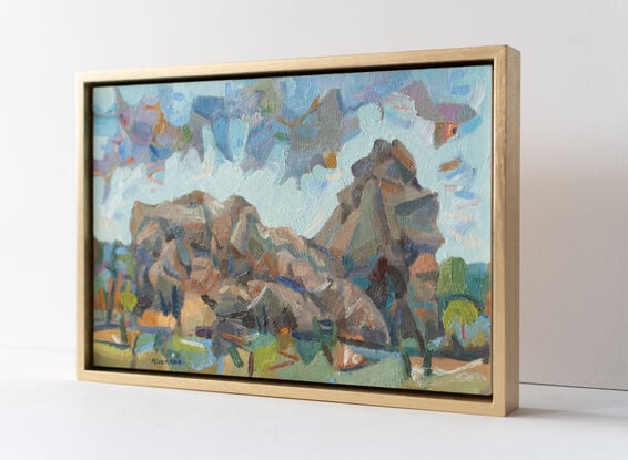 Hanging Rock inspired imaginative oil painting with figures.