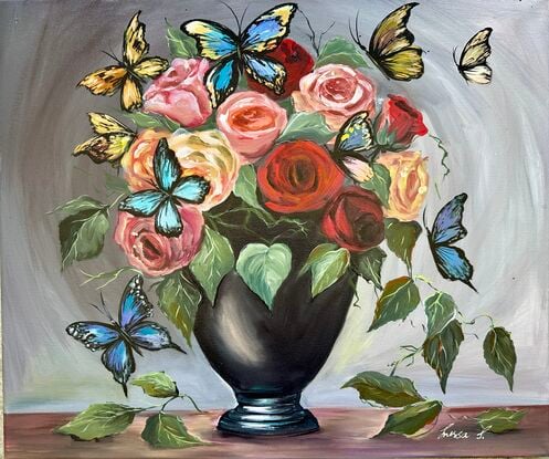 Butterfly Ball
Roses on the VIP List

This lively 50x60 cm piece bursts with character, showing a  black vase overflowing with vibrant roses, as large, colorful butterflies flutter around in all their glory. 

The rich, glossy acrylic brings out the vivid contrast of the flowers against the earthy brown table, while the grey background adds depth with its subtle circular illusion, drawing the viewer’s eye right into the action.

 It’s a whimsical blend of nature’s elegance and playful chaos—perfect for any space needing a dash of drama and charm.