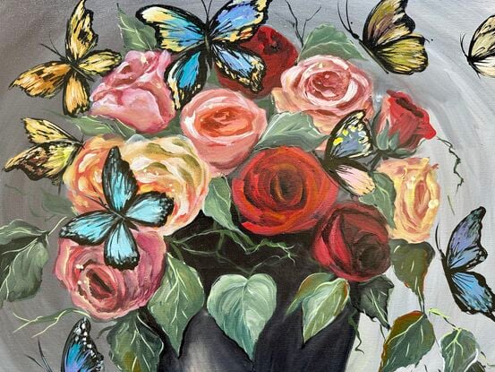 Butterfly Ball
Roses on the VIP List

This lively 50x60 cm piece bursts with character, showing a  black vase overflowing with vibrant roses, as large, colorful butterflies flutter around in all their glory. 

The rich, glossy acrylic brings out the vivid contrast of the flowers against the earthy brown table, while the grey background adds depth with its subtle circular illusion, drawing the viewer’s eye right into the action.

 It’s a whimsical blend of nature’s elegance and playful chaos—perfect for any space needing a dash of drama and charm.