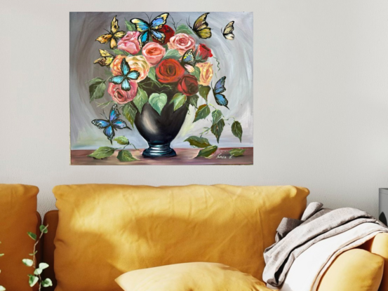 Butterfly Ball
Roses on the VIP List

This lively 50x60 cm piece bursts with character, showing a  black vase overflowing with vibrant roses, as large, colorful butterflies flutter around in all their glory. 

The rich, glossy acrylic brings out the vivid contrast of the flowers against the earthy brown table, while the grey background adds depth with its subtle circular illusion, drawing the viewer’s eye right into the action.

 It’s a whimsical blend of nature’s elegance and playful chaos—perfect for any space needing a dash of drama and charm.