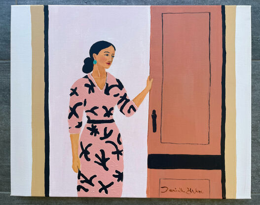 We see a woman standing in a doorway, wearing a modern dress. She is gazing into the room she's about to enter, not at the viewer, a little smile on her face. It's a relaxed painting, hinting at the gentle movement when we walk between one room (or mindset) into another. 