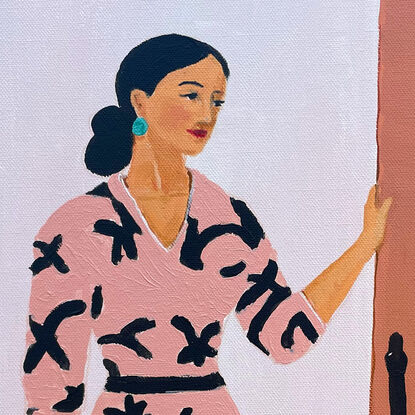 We see a woman standing in a doorway, wearing a modern dress. She is gazing into the room she's about to enter, not at the viewer, a little smile on her face. It's a relaxed painting, hinting at the gentle movement when we walk between one room (or mindset) into another. 