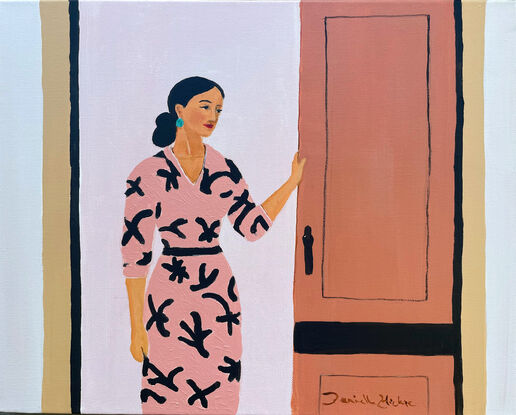 We see a woman standing in a doorway, wearing a modern dress. She is gazing into the room she's about to enter, not at the viewer, a little smile on her face. It's a relaxed painting, hinting at the gentle movement when we walk between one room (or mindset) into another. 