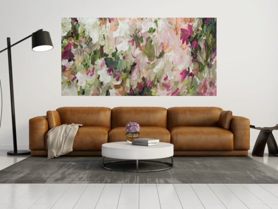 colourful pink and green wildflower abstract landscape painting