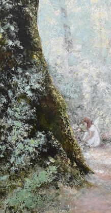 An ancient tree trunk dominates the foreground, while a girl in a white dress, collecting wild flowers, sits near the base of the tree. Another two girls are standing nearby. The scene is set in a mystical forest bathed in soft light and muted colours.