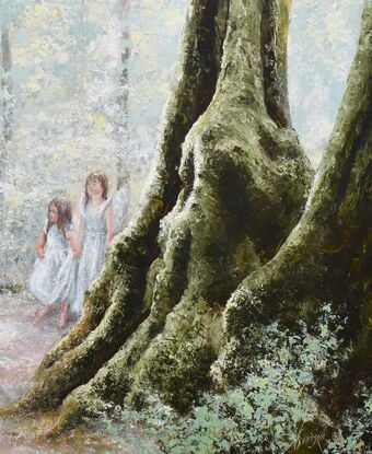 An ancient tree trunk dominates the foreground, while a girl in a white dress, collecting wild flowers, sits near the base of the tree. Another two girls are standing nearby. The scene is set in a mystical forest bathed in soft light and muted colours.