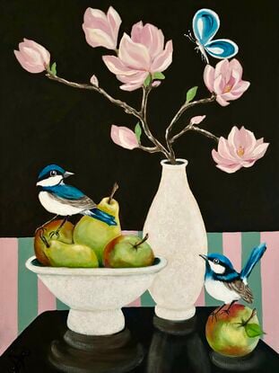 Wrens, blossoms, butterfly and fruit.