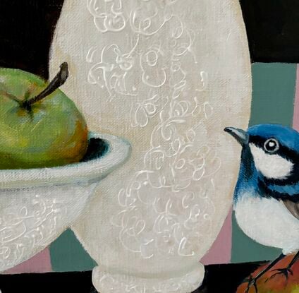 Wrens, blossoms, butterfly and fruit.