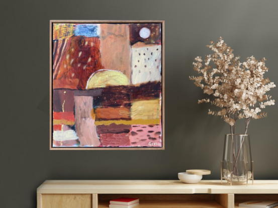 earthy colours and nature inspired marks forged together in a intuitive patchwork  abstract landscape. 