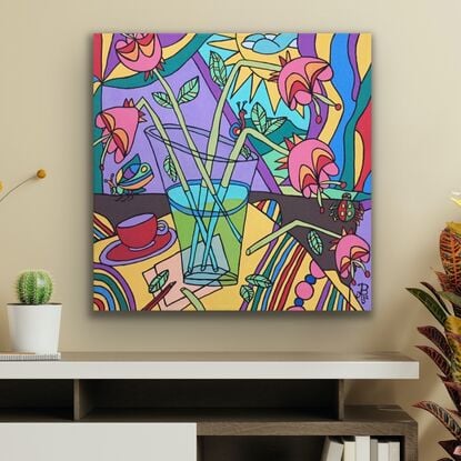 An expressive original art work in acrylic in a rainbow of colours.  A stretched canvas with a gallery edge, ready to hang. Mid Century Modern. Still life. 