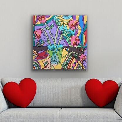 An expressive original art work in acrylic in a rainbow of colours.  A stretched canvas with a gallery edge, ready to hang. Mid Century Modern. Still life. 