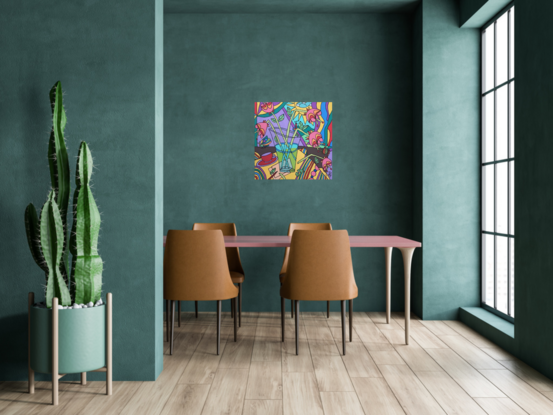 An expressive original art work in acrylic in a rainbow of colours.  A stretched canvas with a gallery edge, ready to hang. Mid Century Modern. Still life. 