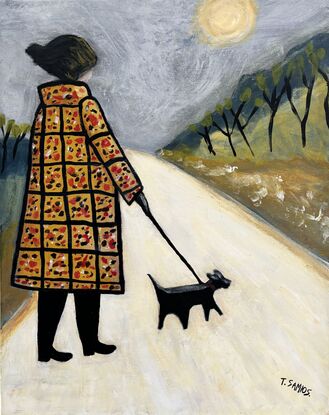 A naive style painting of a lady wearing a long ochre chequered patterned coat. She is walking a black dog on a lead along a long winding white path. There is foliage and skinny black trees on each side of the path and the sky is grey with a very pale ochre sun.