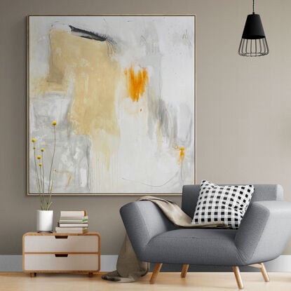 neutral and subtle warm tones blended with areas beige, apricot,  orange and dark grey expressive marks across an extra large canvas