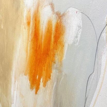 neutral and subtle warm tones blended with areas beige, apricot,  orange and dark grey expressive marks across an extra large canvas