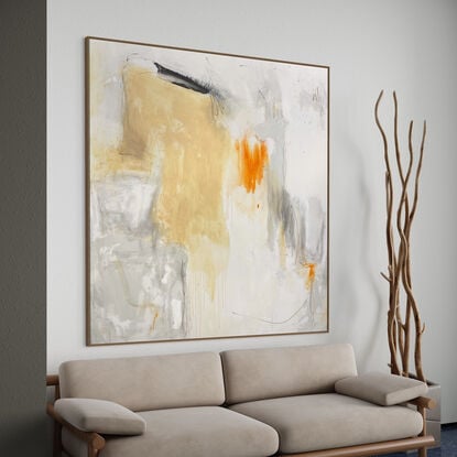 neutral and subtle warm tones blended with areas beige, apricot,  orange and dark grey expressive marks across an extra large canvas