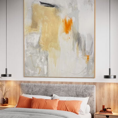 neutral and subtle warm tones blended with areas beige, apricot,  orange and dark grey expressive marks across an extra large canvas