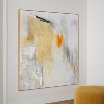 neutral and subtle warm tones blended with areas beige, apricot,  orange and dark grey expressive marks across an extra large canvas