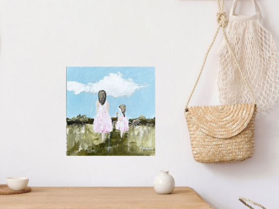 Original Figurative Farmhouse Painting featuring a girl with her mother picking flowers. 
