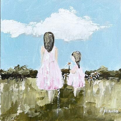 Original Figurative Farmhouse Painting featuring a girl with her mother picking flowers. 
