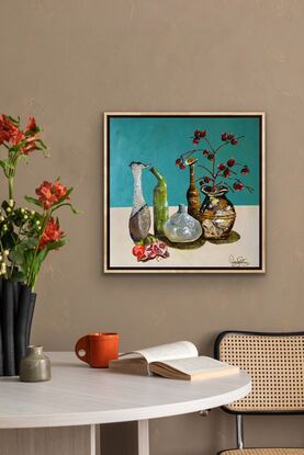 I am always inspired by simple things, a jug, a vase, simple food and flowers.  In this case the pomegranates and Gum Nuts add a juicy pop of colour.  This painting is textured and using a palette knife gives the vessels a fabulous antique feel.  A painterly style that would work well in a contemporary or classic setting. Framed in an oak float frame.