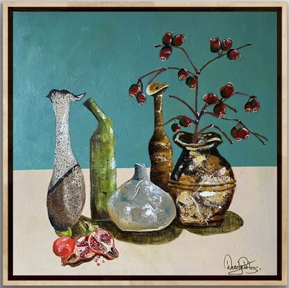 I am always inspired by simple things, a jug, a vase, simple food and flowers.  In this case the pomegranates and Gum Nuts add a juicy pop of colour.  This painting is textured and using a palette knife gives the vessels a fabulous antique feel.  A painterly style that would work well in a contemporary or classic setting. Framed in an oak float frame.