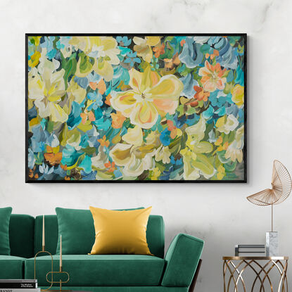 Large Tropical Flower Original Painting in a joyful colour palette of warm orange, yellows, turquoise blues, greens. 