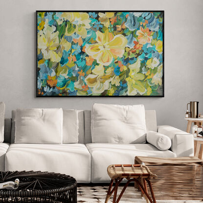 Large Tropical Flower Original Painting in a joyful colour palette of warm orange, yellows, turquoise blues, greens. 