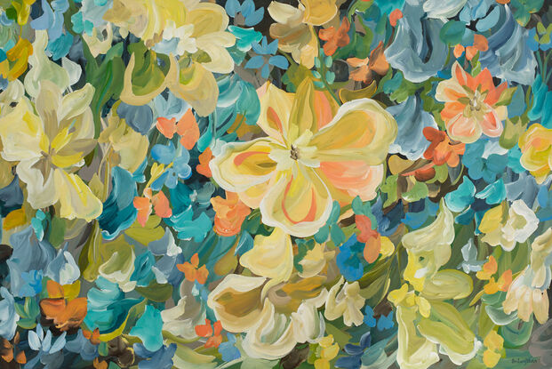 Large Tropical Flower Original Painting in a joyful colour palette of warm orange, yellows, turquoise blues, greens. 