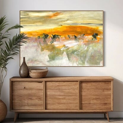 Subtle tones in warm earthy beige, apricot, orange, ochre, brown, white, grey, olive and light green combined with large expressive pencil and paint marks, across the canvas surface. 